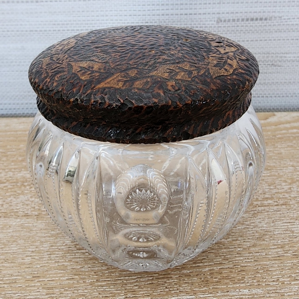 Vintage, Antique glass dresser jar with wood etched lid